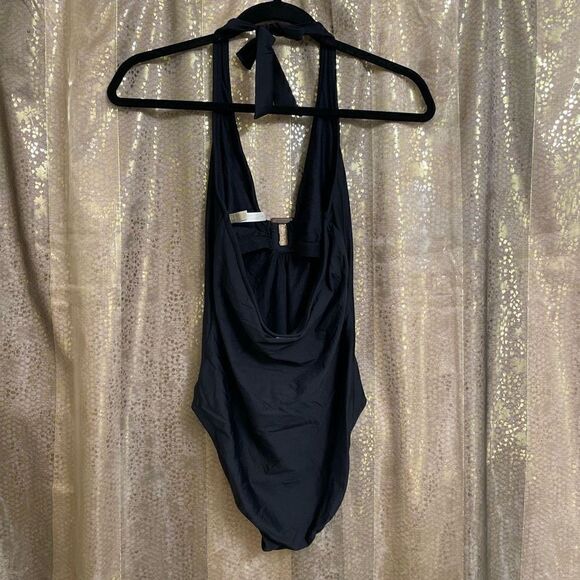 Helen John Black Halter Plunge Tortiose One Piece Swimsuit, Small - Picture 2 of 9